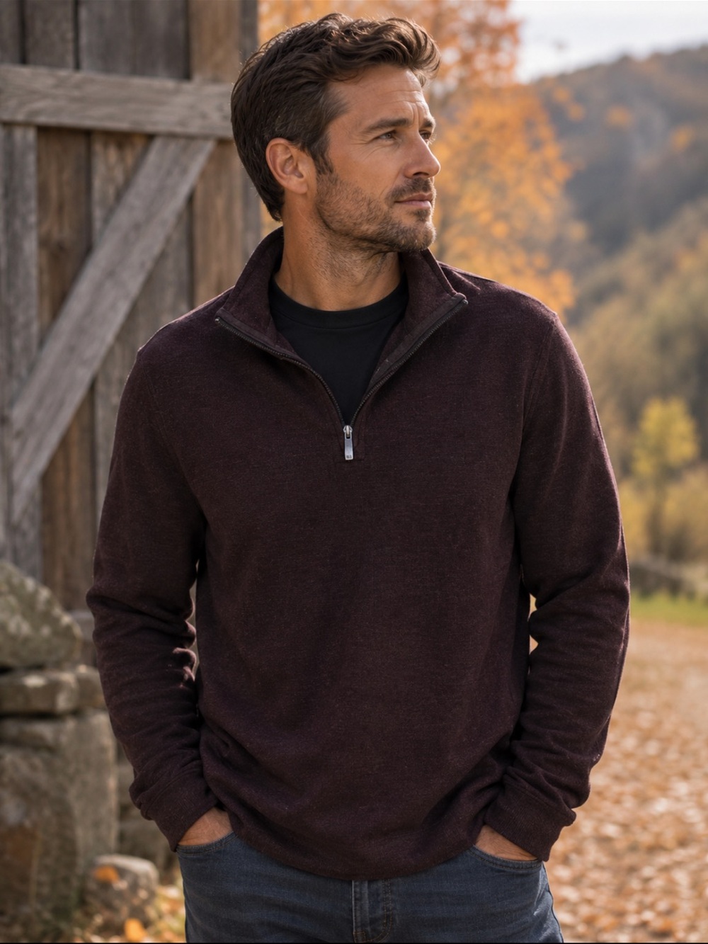 Van Heusen Men's Zip Mock Collar Sweater - Deep Plum
